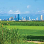 Seaview Hotel and Golf Club view of green with willows and city skyscrapers in background