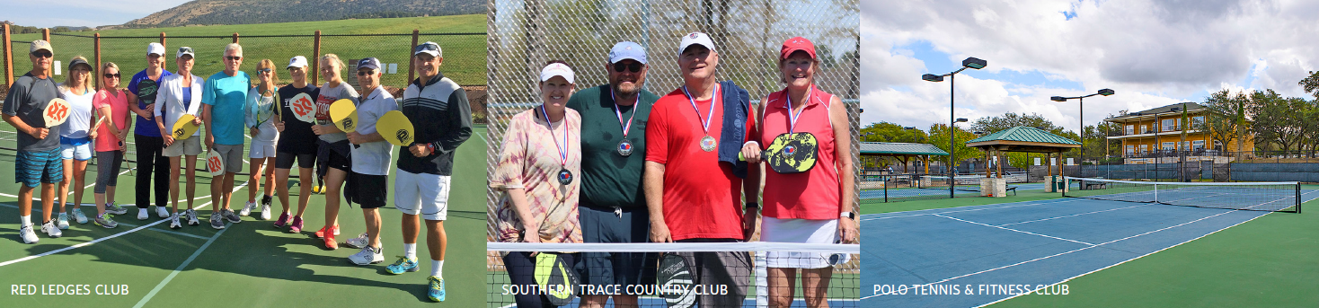 Pickleball Image with members from Red Ledge Club, Southern Trace Country Club imaged and a view of a tennis court from Polo Tennis & Fitness Club
