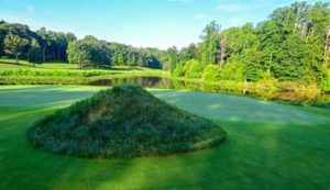 The Preserve at Eisenhower green with grass mound in front of green and lake behind the green